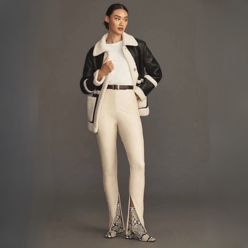 Avec Les Filles Cream Faux Leather Slit Leggings